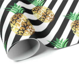 Witte zwarte strepen tropisch fruit ananananasgoud cadeaupapier