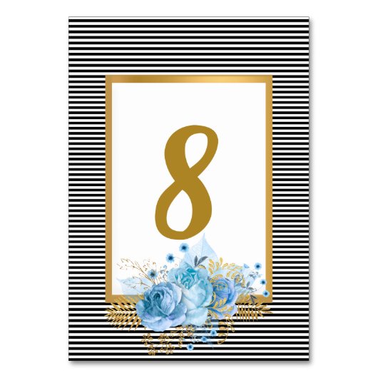 WITTE ZWARTE STRIPE BLUE BOUQUET TABEL NUMMER KAART (Achterkant)