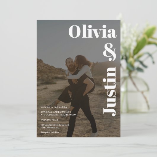 Witte zwarte vette namen 2 foto's Qr code bruiloft Kaart (Staand voorkant)