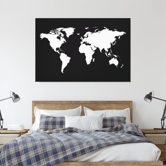 Witte zwarte wereldkaart canvas afdruk (Insitu (Slaapkamer))