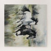 Witte Zwarte Wilde Paarden Aquarel Legpuzzel (Horizontaal)