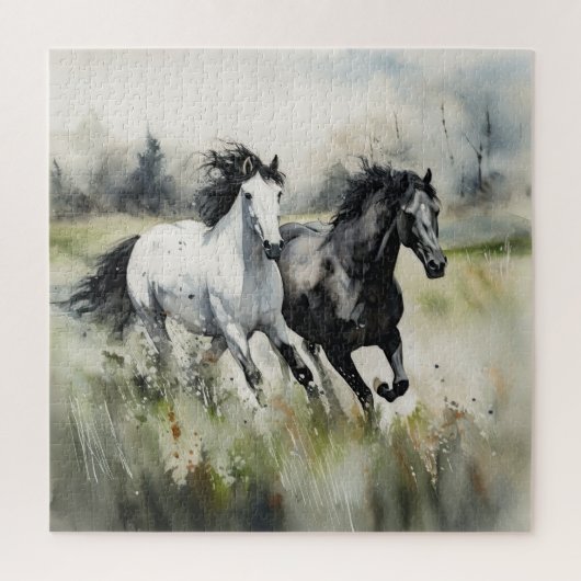 Witte Zwarte Wilde Paarden Aquarel Legpuzzel (Verticaal)