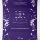  witte zwevende zilveren zwemmen op donkere Paarse Drieluik Uitnodiging (Binnenkant midden)