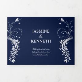  witte zwevende zilveren zwemmen op een marinevlek drieluik uitnodiging