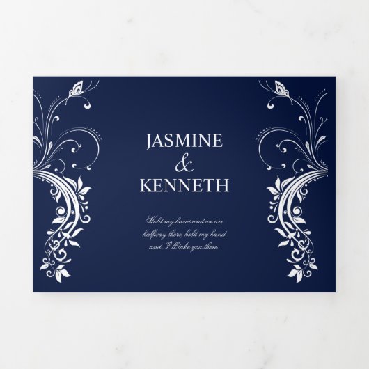  witte zwevende zilveren zwemmen op een marinevlek drieluik uitnodiging (Cover)