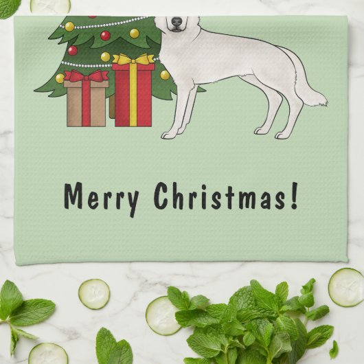 Witte Zwitserse Herder GSD Groene Kerstboom Theedoek (Gevouwen)