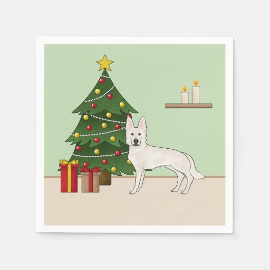 Witte Zwitserse Herder GSD Hond Groene Kerstboom Servet (Voorkant)
