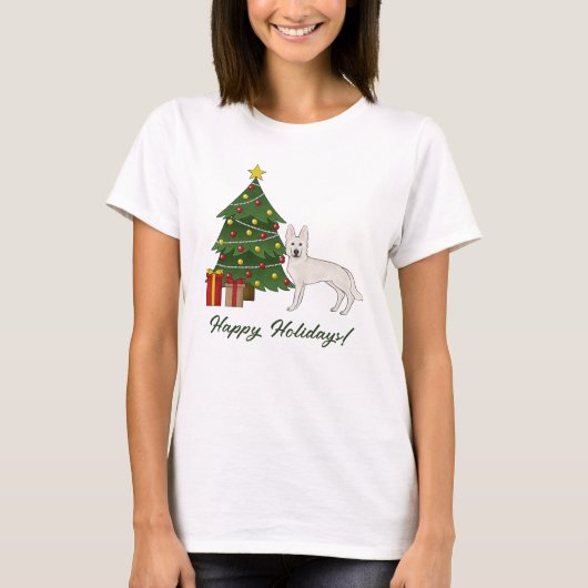 Witte Zwitserse Herder GSD Hond Groene Kerstboom T-shirt (Voorkant)