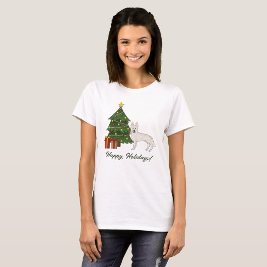 Witte Zwitserse Herder GSD Hond Groene Kerstboom T-shirt (Voorkant volledig)