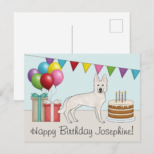 Witte Zwitserse Herder GSD Kleurrijke Gelukkige Ve Briefkaart (Voorkant / Achterkant)