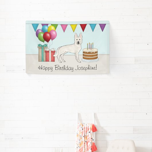 Witte Zwitserse Herder GSD Kleurrijke Gelukkige Ve Spandoek (Insitu)