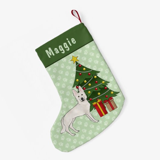 Witte Zwitserse Herder Schattige Hond Groene Kerst Kleine Kerstsok (Achterkant (Hangend))