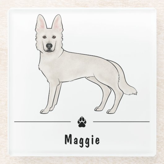 Witte Zwitserse Herder Witte GSD en Paw Aangepaste Glazen Onderzetter (Voorkant)