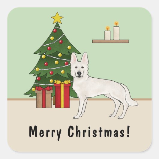 Witte Zwitserse Herder Witte GSD Kerstboom Vierkante Sticker (Voorkant)