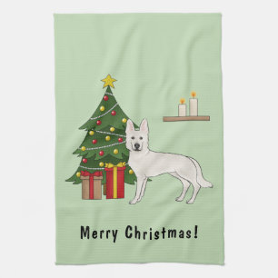 Witte Zwitserse Herdershond GSD Groene Kerstboom Theedoek