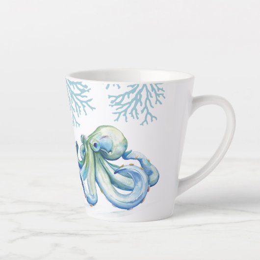 Witty Blue Waterverf Octopus Coastal Latte Mok (Rechts)