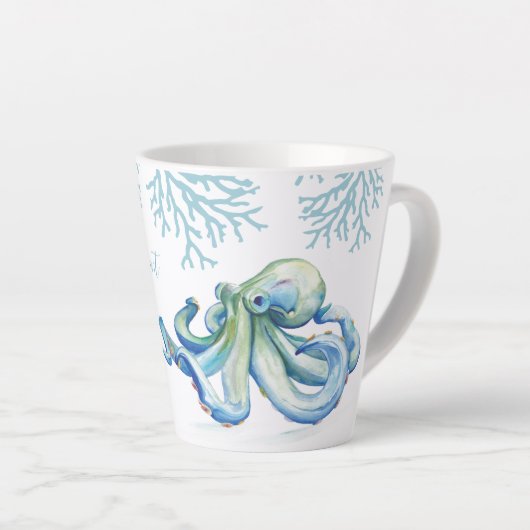 Witty Blue Waterverf Octopus Coastal Latte Mok (Rechterhoek)