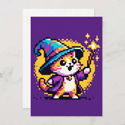 Wizard Cat - Magische Pixel Art Fantasy Design Feestdagenkaart (Voorkant / Achterkant)