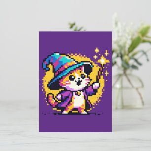 Wizard Cat - Magische Pixel Art Fantasy Design Feestdagenkaart