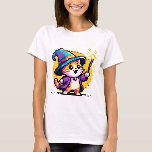 Wizard Cat - Magische Pixel Art Fantasy Design T-shirt (Voorkant)