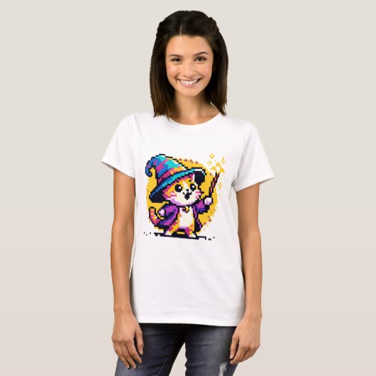 Wizard Cat - Magische Pixel Art Fantasy Design T-shirt (Voorkant volledig)