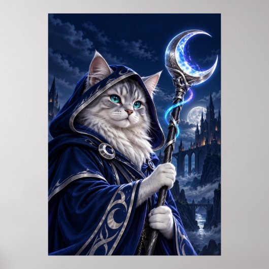 Wizard Cat Moon Magic Fantasy Art Poster (Voorkant)