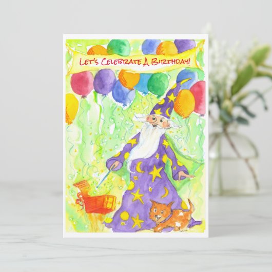 Wizard Magic Balloons Verjaardagsfeest Uitnodiging (Staand voorkant)