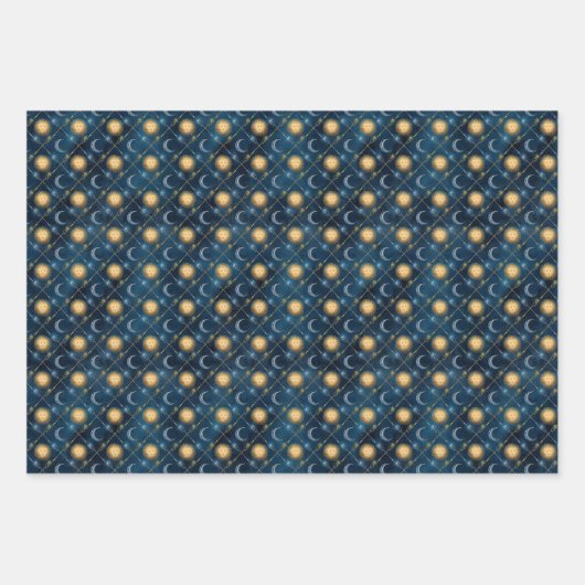 Wizard Wand Celestial Sun Moon Blue Background Inpakpapier Vel (Voorkant 3)