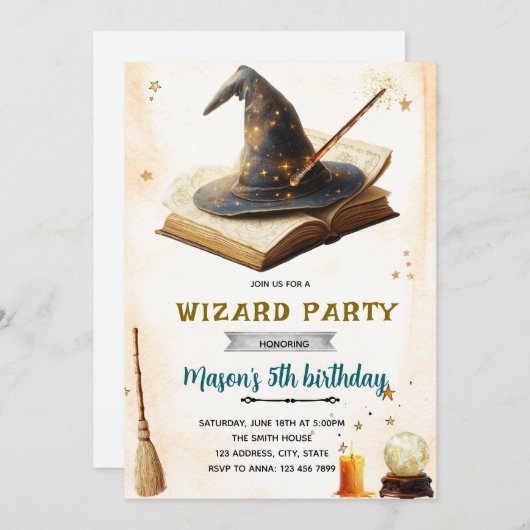 Wizard witch birthday party invitation kaart (Voorkant / Achterkant)