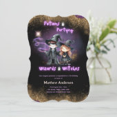 Wizards en heksen zoon's dochters verjaardag magie kaart (Staand voorkant)