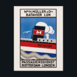 Wm. H. Muller Batavier Lijn Vintage Poster 1929 Briefkaart<br><div class="desc">Vintage poster van een stoomschip met een prominente schoorsteen en het woord "BATAVIER" is afgebeeld tegen een blauwe lucht en meeuw. Bovenaan staat de tekst "WM H. MÜLLER & Co's BATAVIER LIJN" en onderaan "PASSAGIERSDIENST ROTTERDAM-LONDEN". Uitgegeven in 1929 in Nederland. Houd er rekening mee dat onze posters reproducties van hoge...</div>