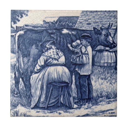 WmWise Minton Country Boerderij Family Cow Tile Re Tegeltje (Voorkant)