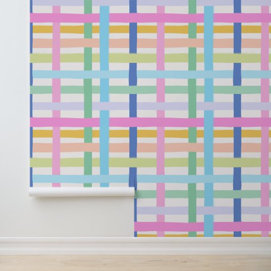 Wobbly Bright Rainbow Plaid - Maximalist Girly Behang (Applicatie)