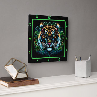 Woedend portret van de Neon Tiger Vierkante Klok