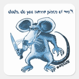 woedende rat met mes blauw vierkante sticker