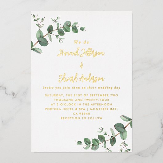 Woensdag groen Eucalyptus botanical Invitation Folie Uitnodiging (Voorkant)