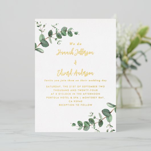 Woensdag groen Eucalyptus botanical Invitation Folie Uitnodiging (Staand Voorkant)