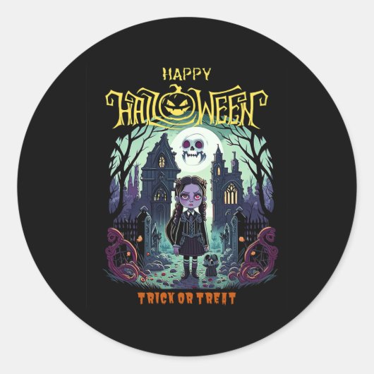 Woensdag Halloween kostuum outfit voor kinderen en Ronde Sticker (Voorkant)