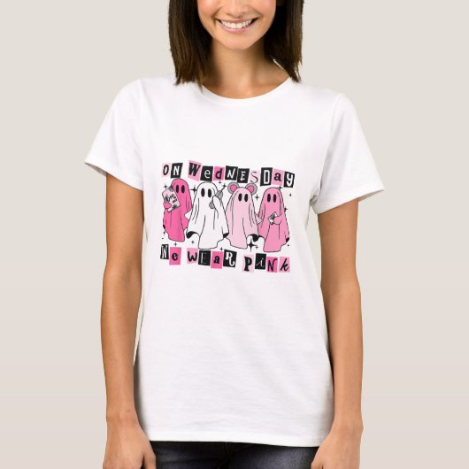 Woensdag hebben we Schattige Pink Ghost Halloween  T-shirt (Voorkant)