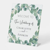 Woensdag welkome namen eucalyptus greenery reclamebord met voetstuk (Voorkant)