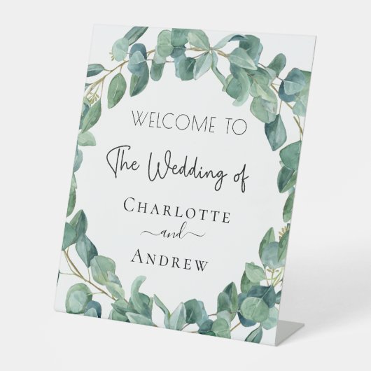 Woensdag welkome namen eucalyptus greenery reclamebord met voetstuk (Voorkant)