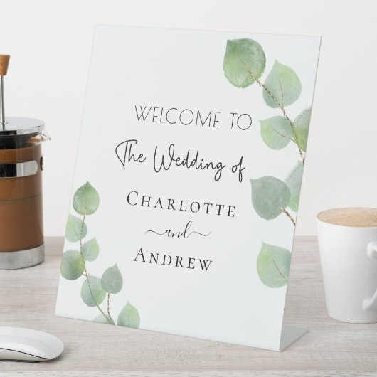 Woensdag welkome namen eucalyptus greenery reclamebord met voetstuk (Insitu)