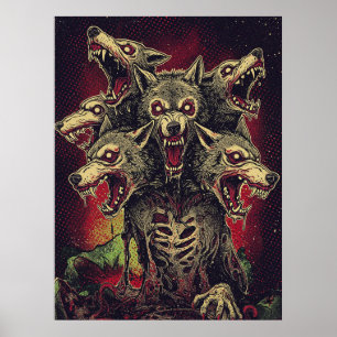 Woest Driekoppig Weerwolfmonster Poster
