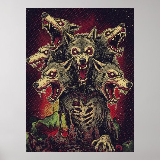Woest Driekoppig Weerwolfmonster Poster (Voorkant)