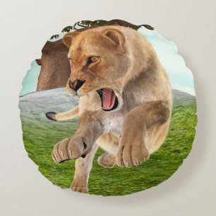 Woeste Leeuwinnen Jungle Avontuur Kunst Rond Kussen
