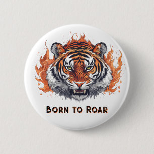 Woeste Tijger met Vlammen - Aanpasbare Tekst Ronde Button 5,7 Cm