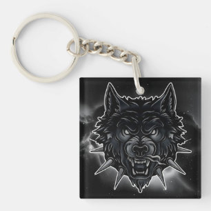 Woeste Wolf Illustratie met Stalen Halsband Sleutelhanger