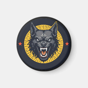 Woeste wolfillustratie met cirkelvormig ontwerp magneet