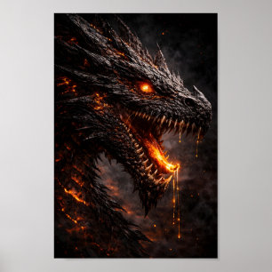 Woeste Zwarte Vuurdraak met Gloeiend Sintel Oog Poster