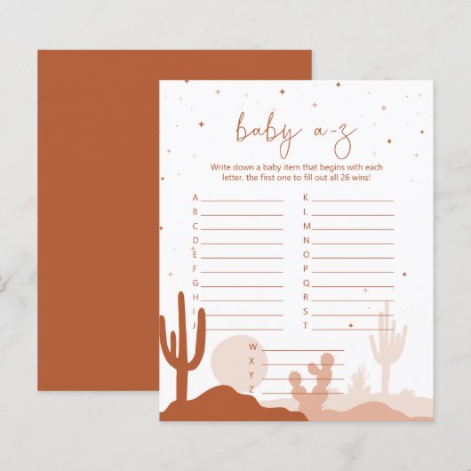 Woestijn Baby shower A-Z-gamekaart (Voorkant / Achterkant)